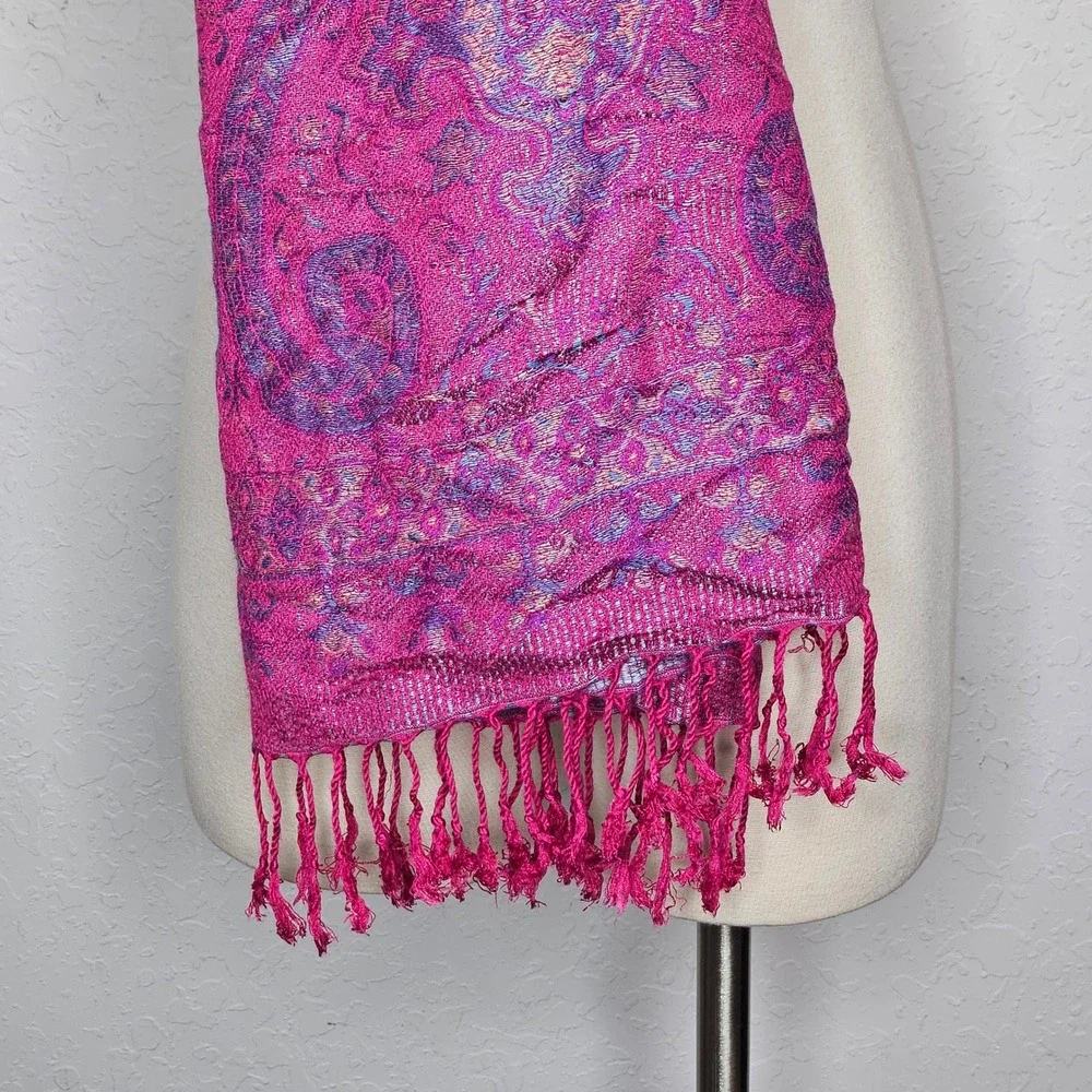 Pashmina Silk Blend Paisley Scarf Magenta Pink Purple Metallic Fringe Wrap